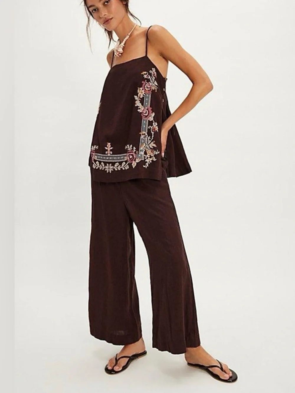 Free People sightseer embroidered linen set, large, espresso combo